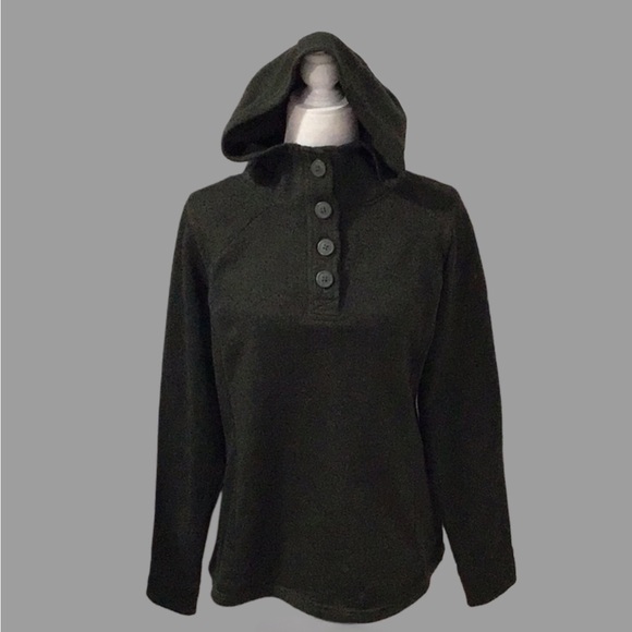 COLUMBIA Dark Green & Black Heather Pullover Hoodie Sweater 4 Large Buttons, L - Picture 4 of 12